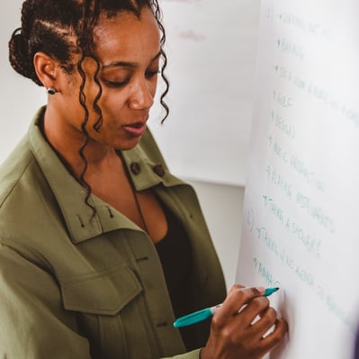 A woman leads a strategy session, writing key insights on women’s health and physiology research to drive workplace impact.