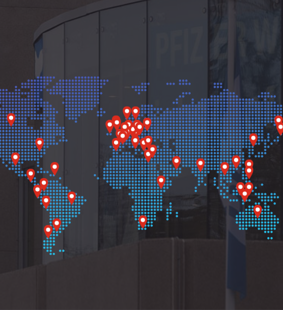 A world map showing 45 countries where Pfizer has fitness centers.
